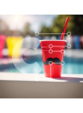 Intra Συλλεκτικό Ξύλινο Παζλ Plywood  4mm - Κόκκινο πλαστικό κύπελλο με μαύρο μουστάκι άχυρο δίπλα σε μια πισίνα Σε Ξύλινο Κουτί - Διαστάσεις Puzzle: 10x10 cm – 25 κομμάτια