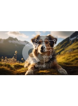 Intra Συλλεκτικό Ξύλινο Παζλ Plywood  4mm - Καφέ και λευκό αυστραλιανό ποιμενικό σκυλί που κάθεται στον χορταριασμένο λόφο με τα βουνά Σε Ξύλινο Κουτί - Διαστάσεις: 10x10 cm – 25 κομμάτια