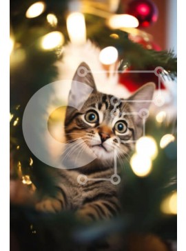 Σετ των 2 Intra Συλλεκτικό Ξύλινο Παζλ Plywood  4mm - Περίεργη γάτα πίσω από το χριστουγεννιάτικο δέντρο Σε Ξύλινο Κουτί - Διαστάσεις: 10x10 cm – 25 κομμάτια