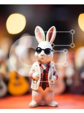 Intra Συλλεκτικό Ξύλινο Παζλ Plywood  4mm - Λευκό ειδώλιο λαγουδάκι με γυαλιά ηλίου και κιθάρες Σε Ξύλινο Κουτί - Διαστάσεις Puzzle: 10x10 cm – 25 κομμάτια