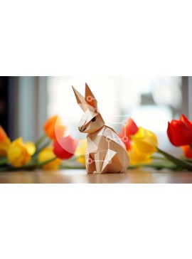Intra Συλλεκτικό Ξύλινο Παζλ Plywood  4mm - Κουνέλι Origami και πολύχρωμες τουλίπες σε ξύλινο τραπέζι Σε Ξύλινο Κουτί - Διαστάσεις: 10x10 cm – 25 κομμάτια