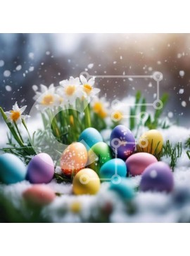 Intra Συλλεκτικό Ξύλινο Παζλ Plywood  4mm - Πολύχρωμα Πασχαλινά αυγά στο χιόνι με ασφόδελους και λουλούδια Σε Ξύλινο Κουτί - Διαστάσεις Puzzle: 10x10 cm – 25 κομμάτια