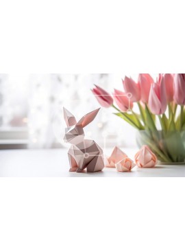 Intra Συλλεκτικό Ξύλινο Παζλ Plywood  4mm - Origami κουνέλι και ροζ τουλίπες στο τραπέζι Σε Ξύλινο Κουτί - Διαστάσεις Puzzle: 10x10 cm – 25 κομμάτια