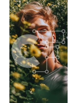 Intra Συλλεκτικό Ξύλινο Παζλ Plywood  4mm - Ο σοβαρός νεαρός άνδρας στέκεται ανάμεσα σε κίτρινα λουλούδια σε ένα χωράφι Σε Ξύλινο Κουτί - Διαστάσεις Puzzle: 10x10 cm – 25 κομμάτια