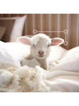 Intra Συλλεκτικό Ξύλινο Παζλ Plywood  4mm - Χαριτωμένη εικόνα ενός λευκού αρνιού σε ένα κρεβάτι Σε Ξύλινο Κουτί - Διαστάσεις: 10x10 cm – 25 κομμάτια
