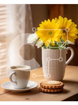 Σετ των 2 Intra Συλλεκτικό Ξύλινο Παζλ Plywood  4mm - Καφές, μπισκότα και κίτρινα λουλούδια στο τραπέζι Σε Ξύλινο Κουτί - Διαστάσεις: 10x10 cm – 25 κομμάτια