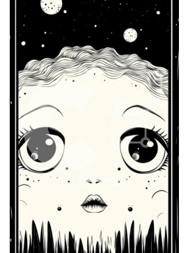 Intra Συλλεκτικό Ξύλινο Παζλ Plywood  4mm - Ελκυστικό κορίτσι στο γρασίδι που κοιτάζει τα αστέρια και τα φεγγάρια Σε Ξύλινο Κουτί - Διαστάσεις Puzzle: 10x10 cm – 25 κομμάτια