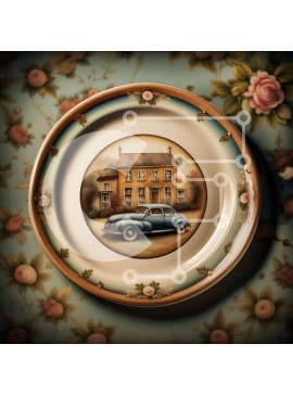 Intra Συλλεκτικό Ξύλινο Παζλ Plywood  4mm - Vintage αυτοκίνητο παρκαρισμένο μπροστά από το σπίτι με ταπετσαρία με λουλούδια Σε Ξύλινο Κουτί - Διαστάσεις Puzzle: 10x10 cm – 25 κομμάτια