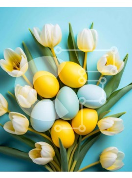 Intra Συλλεκτικό Ξύλινο Παζλ Plywood  4mm - Κίτρινα και άσπρα Πασχαλινά αυγά με τουλίπες μια ανοιξιάτικη ημέρα Σε Ξύλινο Κουτί - Διαστάσεις Puzzle: 10x10 cm – 25 κομμάτια