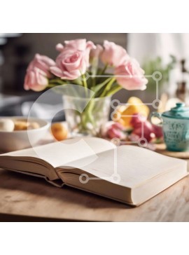 Σετ των 2 Intra Συλλεκτικό Ξύλινο Παζλ Plywood  4mm - Ανοιχτό βιβλίο και φαγητό σε ξύλινο τραπέζι με ροζ λουλούδια Σε Ξύλινο Κουτί - Διαστάσεις: 10x10 cm – 25 κομμάτια