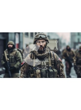 Intra Συλλεκτικό Ξύλινο Παζλ Plywood  4mm - Ομάδα στρατιωτών με στρατιωτικό εξοπλισμό που περπατούν σε έναν δρόμο της πόλης - Φωτογραφία Αρχείου Σε Ξύλινο Κουτί - Διαστάσεις Puzzle: 10x10 cm – 25 κομμάτια