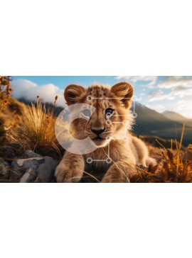 Intra Συλλεκτικό Ξύλινο Παζλ Plywood  4mm - Χαριτωμένο λιοντάρι σε βραχώδες έδαφος με βουνά στο φόντο Σε Ξύλινο Κουτί - Διαστάσεις: 10x10 cm – 25 κομμάτια