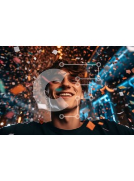 Intra Συλλεκτικό Ξύλινο Παζλ Plywood  4mm - Πορτρέτο ενός χαρούμενου νεαρού άνδρα με σγουρά μαλλιά μπροστά από κομφετί Σε Ξύλινο Κουτί - Διαστάσεις Puzzle: 10x10 cm – 25 κομμάτια