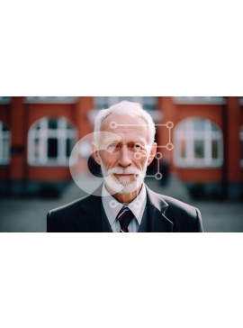 Intra Συλλεκτικό Ξύλινο Παζλ Plywood  4mm - Σοβαρός ηλικιωμένος με κοστούμι και γραβάτα που στέκεται μπροστά από τούβλινο κτίριο Σε Ξύλινο Κουτί - Διαστάσεις Puzzle: 10x10 cm – 25 κομμάτια