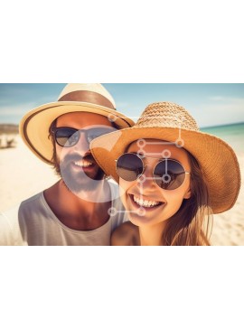 Intra Συλλεκτικό Ξύλινο Παζλ Plywood  4mm - Ζευγάρι που φοράει γυαλιά ηλίου και καπέλα κάνοντας selfie στην παραλία Σε Ξύλινο Κουτί - Διαστάσεις Puzzle: 10x10 cm – 25 κομμάτια
