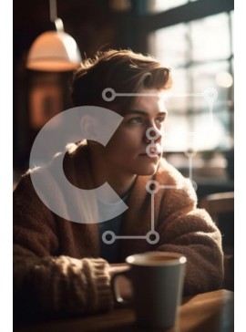 Intra Συλλεκτικό Ξύλινο Παζλ Plywood  4mm - Εσωτερική εικόνα ενός νεαρού άνδρα που σκέφτεται τον καφέ σε ένα άνετο καφενείο Σε Ξύλινο Κουτί - Διαστάσεις Puzzle: 10x10 cm – 25 κομμάτια