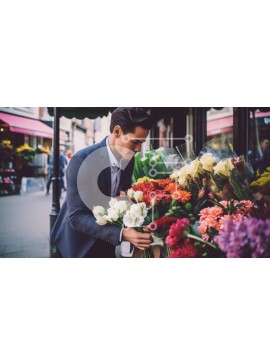 Intra Συλλεκτικό Ξύλινο Παζλ Plywood  4mm - Επιχειρηματίας που θαυμάζει τα λουλούδια μπροστά από ένα ανθοπωλείο Σε Ξύλινο Κουτί - Διαστάσεις Puzzle: 10x10 cm – 25 κομμάτια