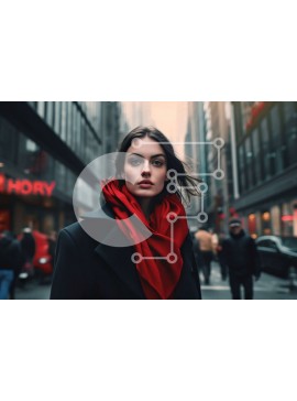 Intra Συλλεκτικό Ξύλινο Παζλ Plywood  4mm - Κομψή γυναίκα με κόκκινο κασκόλ σε αστικό περιβάλλον Σε Ξύλινο Κουτί - Διαστάσεις Puzzle: 10x10 cm – 25 κομμάτια