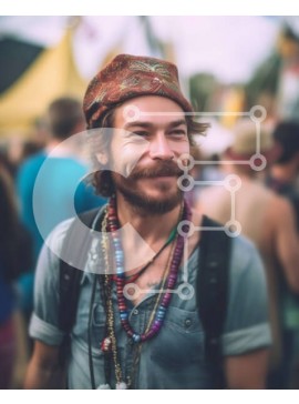 Intra Συλλεκτικό Ξύλινο Παζλ Plywood  4mm - Χαμογελαστός άντρας με γένια και κορδέλα στο Μουσικό Φεστιβάλ Σε Ξύλινο Κουτί - Διαστάσεις Puzzle: 10x10 cm – 25 κομμάτια