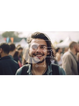 Intra Συλλεκτικό Ξύλινο Παζλ Plywood  4mm - Ευτυχισμένος νεαρός άνδρας με τζιν μπουφάν και σακίδιο πλάτης στο Μουσικό Φεστιβάλ Σε Ξύλινο Κουτί - Διαστάσεις Puzzle: 10x10 cm – 25 κομμάτια