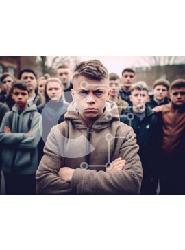 Intra Συλλεκτικό Ξύλινο Παζλ Plywood  4mm - Νεαρά αγόρια με φούτερ που στέκονται σε μια γραμμή μπροστά από έναν τοίχο από τούβλα Σε Ξύλινο Κουτί - Διαστάσεις Puzzle: 10x10 cm – 25 κομμάτια