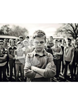 Intra Συλλεκτικό Ξύλινο Παζλ Plywood  4mm - Τεντωμένη εικόνα ενός αγοριού που στέκεται μπροστά από μια ομάδα ανθρώπων σε έναν πολυσύχναστο δρόμο Σε Ξύλινο Κουτί - Διαστάσεις Puzzle: 10x10 cm – 25 κομμάτια