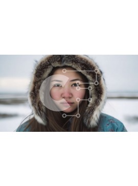 Intra Συλλεκτικό Ξύλινο Παζλ Plywood  4mm - Σοβαρή γυναίκα με μπλε σακάκι με γούνινη κουκούλα που στέκεται στο χιόνι Σε Ξύλινο Κουτί - Διαστάσεις Puzzle: 10x10 cm – 25 κομμάτια