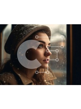 Intra Συλλεκτικό Ξύλινο Παζλ Plywood  4mm - Προβολή παραθύρου Rainy Day - νεαρή γυναίκα που κοιτάζει έξω με το Beanie και το παλτό Σε Ξύλινο Κουτί - Διαστάσεις Puzzle: 10x10 cm – 25 κομμάτια