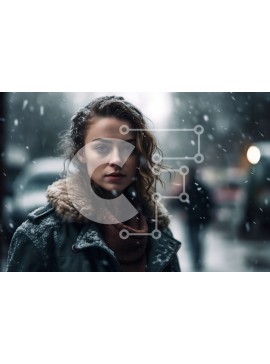 Intra Συλλεκτικό Ξύλινο Παζλ Plywood  4mm - Δραματική φωτογραφία μιας συλλογισμένης γυναίκας με μαύρο δερμάτινο μπουφάν σε έναν χιονισμένο δρόμο Σε Ξύλινο Κουτί - Διαστάσεις Puzzle: 10x10 cm – 25 κομμάτια