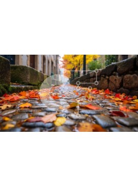 Intra Συλλεκτικό Ξύλινο Παζλ Plywood  4mm - Πολύχρωμα Φθινοπωρινά Φύλλα στην Πλακόστρωτη Οδό Σε Ξύλινο Κουτί - Διαστάσεις: 10x10 cm – 25 κομμάτια