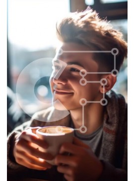 Intra Συλλεκτικό Ξύλινο Παζλ Plywood  4mm - Νεαρός άνδρας που χαμογελά πίνοντας καφέ σε μια ζεστή καφετέρια Σε Ξύλινο Κουτί - Διαστάσεις Puzzle: 10x10 cm – 25 κομμάτια