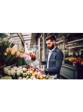 Intra Συλλεκτικό Ξύλινο Παζλ Plywood  4mm - Επαγγελματίας που θαυμάζει τις πολύχρωμες τουλίπες έξω από το ανθοπωλείο Σε Ξύλινο Κουτί - Διαστάσεις Puzzle: 10x10 cm – 25 κομμάτια