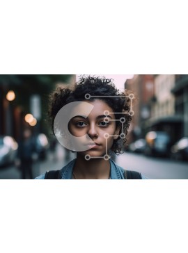 Intra Συλλεκτικό Ξύλινο Παζλ Plywood  4mm - Νεαρή γυναίκα με σγουρά μαλλιά και τζιν μπουφάν που φαίνεται σοβαρή στο City Street Σε Ξύλινο Κουτί - Διαστάσεις Puzzle: 10x10 cm – 25 κομμάτια