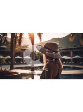 Intra Συλλεκτικό Ξύλινο Παζλ Plywood  4mm - Γυναίκα με ψάθινο καπέλο δίπλα στην πισίνα στο ηλιοβασίλεμα Σε Ξύλινο Κουτί - Διαστάσεις Puzzle: 10x10 cm – 25 κομμάτια