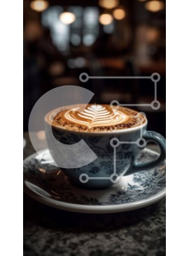 Intra Συλλεκτικό Ξύλινο Παζλ Plywood  4mm - Αφρώδης καπουτσίνο σε μπλε και άσπρο κεραμικό κύπελλο με σχέδιο φύλλων σε ξύλινο τραπέζι μπροστά από τη θέα της πόλης τη νύχτα Σε Ξύλινο Κουτί - Διαστάσεις: 10x10 cm – 25 κομμάτια