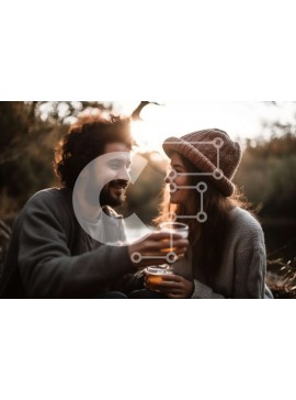 Intra Συλλεκτικό Ξύλινο Παζλ Plywood  4mm - Ρομαντική στιγμή ηλιοβασιλέματος: Νεαρό ζευγάρι που πίνει μπύρα δίπλα σε ένα ποτάμι Σε Ξύλινο Κουτί - Διαστάσεις Puzzle: 10x10 cm – 25 κομμάτια