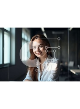 Intra Συλλεκτικό Ξύλινο Παζλ Plywood  4mm - Φιλική νεαρή γυναίκα στο γραφείο με θέα στον ορίζοντα της πόλης Σε Ξύλινο Κουτί - Διαστάσεις Puzzle: 10x10 cm – 25 κομμάτια