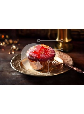 Σετ των 2 Intra Συλλεκτικό Ξύλινο Παζλ Plywood  4mm - Λαχταριστό Κόκκινο Βελούδινο Cupcake με χρυσό ψεκασμό σε χρυσό πιάτο Σε Ξύλινο Κουτί - Διαστάσεις: 10x10 cm – 25 κομμάτια