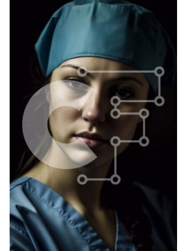 Intra Συλλεκτικό Ξύλινο Παζλ Plywood  4mm - Σοβαρή νεαρή γυναίκα με μπλε χειρουργικό καπάκι και μάσκα με γυαλιά Σε Ξύλινο Κουτί - Διαστάσεις Puzzle: 10x10 cm – 25 κομμάτια