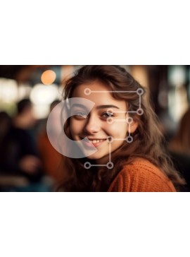 Intra Συλλεκτικό Ξύλινο Παζλ Plywood  4mm - Πορτρέτο μιας ευτυχισμένης νεαρής γυναίκας με πορτοκαλί πουλόβερ σε ένα εστιατόριο ή ένα καφέ Σε Ξύλινο Κουτί - Διαστάσεις Puzzle: 10x10 cm – 25 κομμάτια