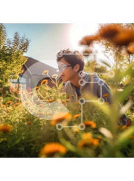 Intra Συλλεκτικό Ξύλινο Παζλ Plywood  4mm - Νεαρός άνδρας που απολαμβάνει την ομορφιά της φύσης σε ένα χωράφι με λουλούδια Σε Ξύλινο Κουτί - Διαστάσεις Puzzle: 10x10 cm – 25 κομμάτια