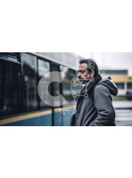 Intra Συλλεκτικό Ξύλινο Παζλ Plywood  4mm - Άνδρας με γκρι παλτό και καπέλο περιμένει στη στάση του αστικού λεωφορείου με μπλε λεωφορείο στο φόντο Σε Ξύλινο Κουτί - Διαστάσεις Puzzle: 10x10 cm – 25 κομμάτια