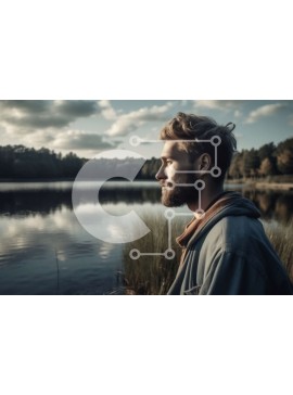 Intra Συλλεκτικό Ξύλινο Παζλ Plywood  4mm - Άνδρας που στέκεται δίπλα σε μια λίμνη με γένια και κουκούλα Σε Ξύλινο Κουτί - Διαστάσεις Puzzle: 10x10 cm – 25 κομμάτια