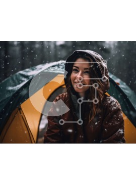 Intra Συλλεκτικό Ξύλινο Παζλ Plywood  4mm - Χαμογελαστή γυναίκα με κίτρινο αδιάβροχο που στέκεται μπροστά από την πράσινη σκηνή στο χιόνι Σε Ξύλινο Κουτί - Διαστάσεις Puzzle: 10x10 cm – 25 κομμάτια