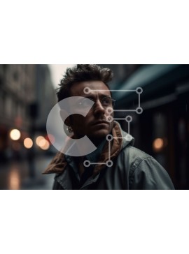 Intra Συλλεκτικό Ξύλινο Παζλ Plywood  4mm - Rainy City Street με έναν άντρα με μπουφάν και γυαλιά Σε Ξύλινο Κουτί - Διαστάσεις Puzzle: 10x10 cm – 25 κομμάτια