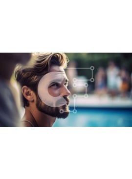 Intra Συλλεκτικό Ξύλινο Παζλ Plywood  4mm - Άνδρας δίπλα στην πισίνα με τατουάζ στον λαιμό και γενειάδα Σε Ξύλινο Κουτί - Διαστάσεις Puzzle: 10x10 cm – 25 κομμάτια