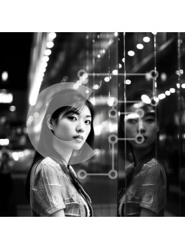 Intra Συλλεκτικό Ξύλινο Παζλ Plywood  4mm - Κομψή γυναίκα στέκεται μπροστά από το αντανακλαστικό κτίριο τη νύχτα Σε Ξύλινο Κουτί - Διαστάσεις Puzzle: 10x10 cm – 25 κομμάτια