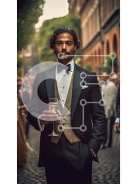 Intra Συλλεκτικό Ξύλινο Παζλ Plywood  4mm - Κομψός άντρας με σμόκιν με ποτήρι κρασί σε αστικό περιβάλλον Σε Ξύλινο Κουτί - Διαστάσεις Puzzle: 10x10 cm – 25 κομμάτια