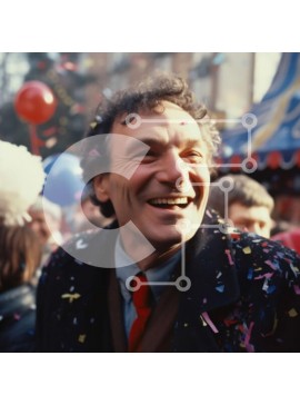 Intra Συλλεκτικό Ξύλινο Παζλ Plywood  4mm - Χαμογελαστός άντρας με μαύρο παλτό και κόκκινη γραβάτα με γκρουπ και κομφετί Σε Ξύλινο Κουτί - Διαστάσεις Puzzle: 10x10 cm – 25 κομμάτια