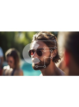 Intra Συλλεκτικό Ξύλινο Παζλ Plywood  4mm - Άνδρας που φοράει γυαλιά ηλίου και γενειάδα δίπλα στην πισίνα με ομάδα ανθρώπων στο παρασκήνιο Σε Ξύλινο Κουτί - Διαστάσεις Puzzle: 10x10 cm – 25 κομμάτια